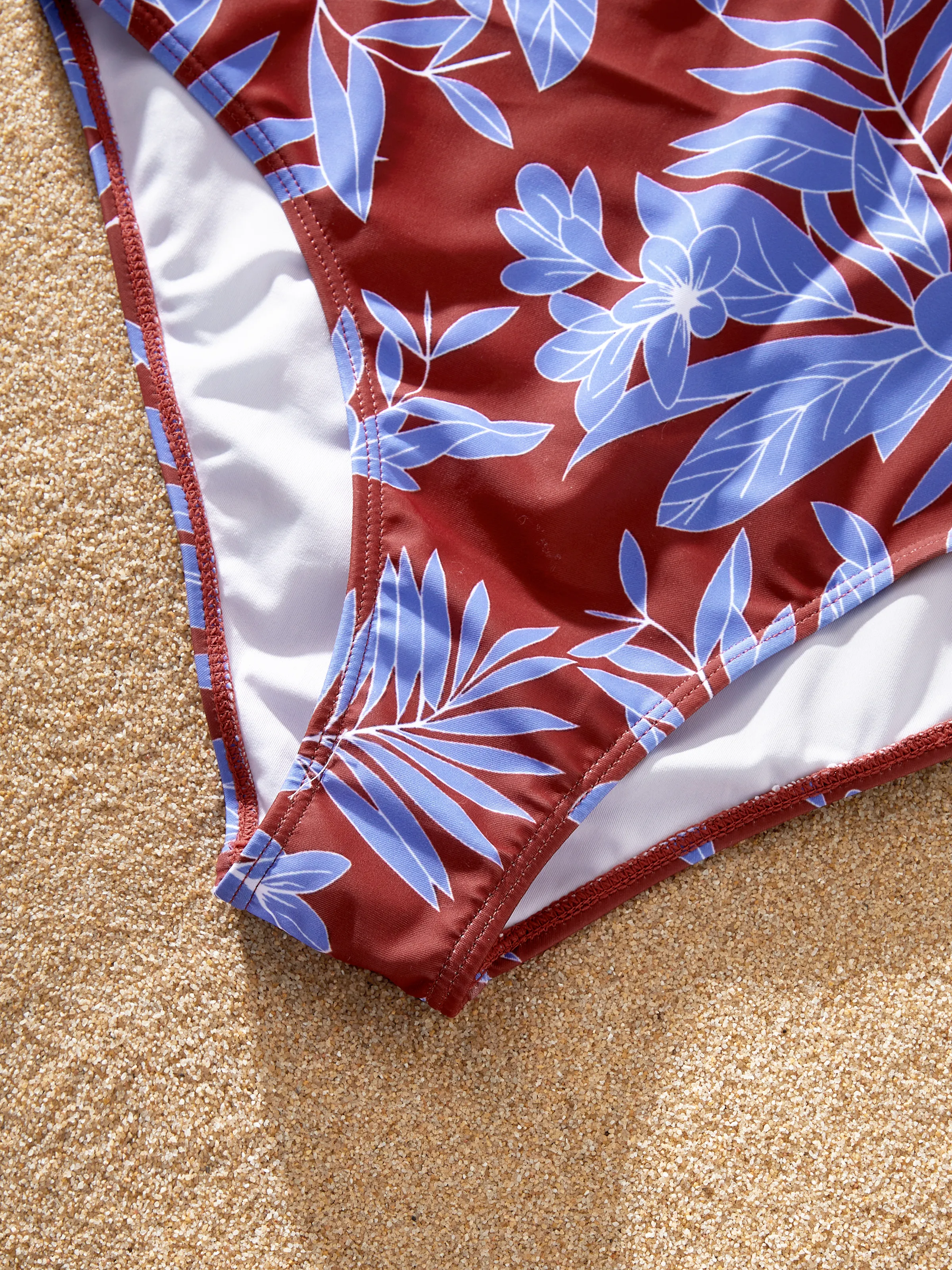 Family Matching Tropical Leaf Print Swimsuits Cutout One-Piece & Swim Trunks Set Blue - Image 9