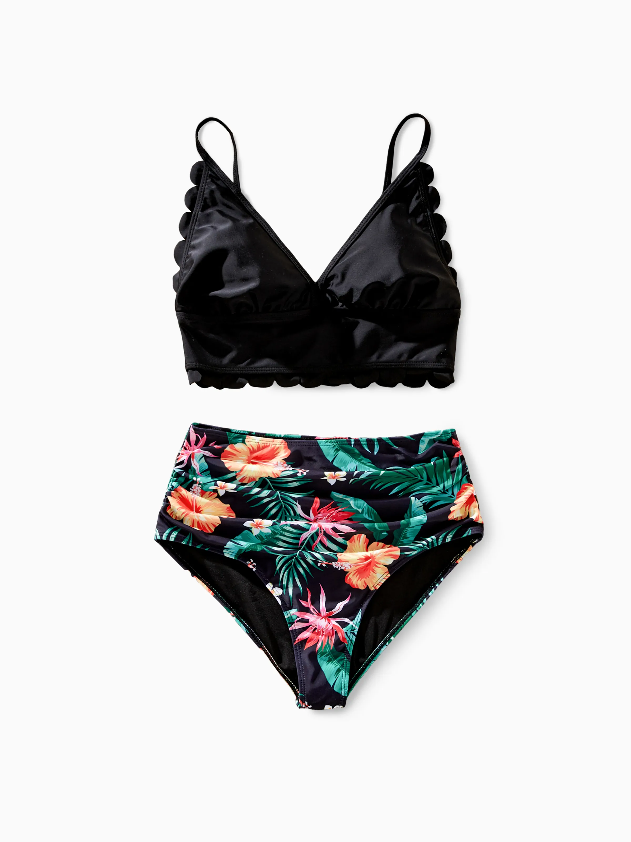 Family Matching Tropical Print Swimwear Set V-Neck Bikini & Swim Trunks Black - Image 4