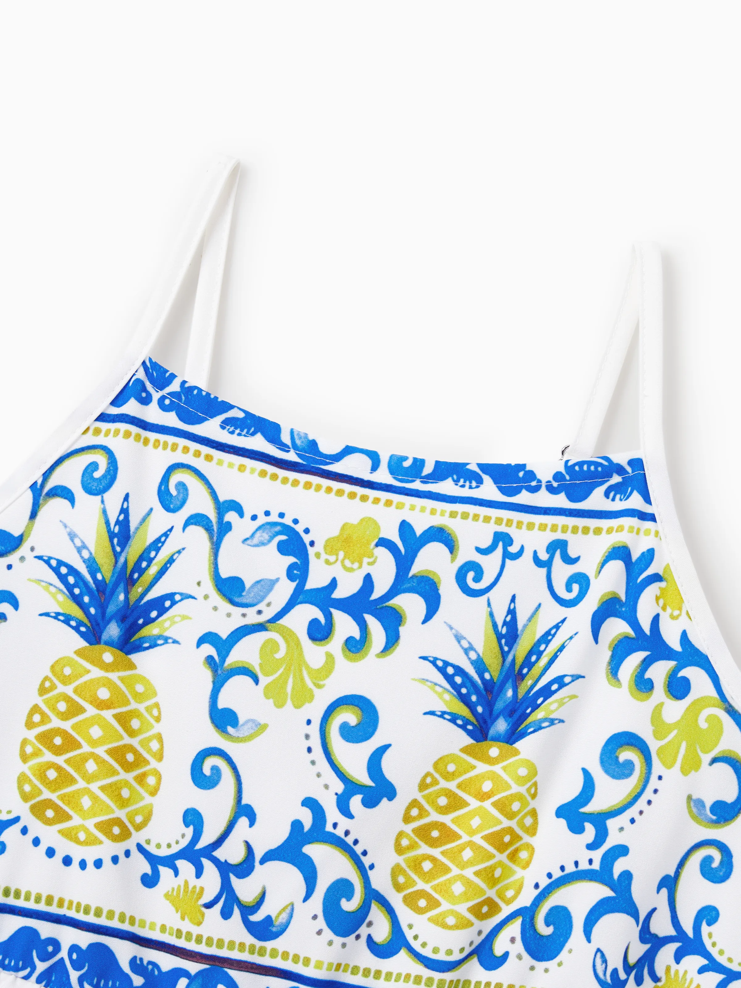 Family Matching Vacation Set Tropical Pineapple Coconut Tree Print Short-sleeve T-shirt or Hollow out Strap Dress for Summer Vacation White - Image 14