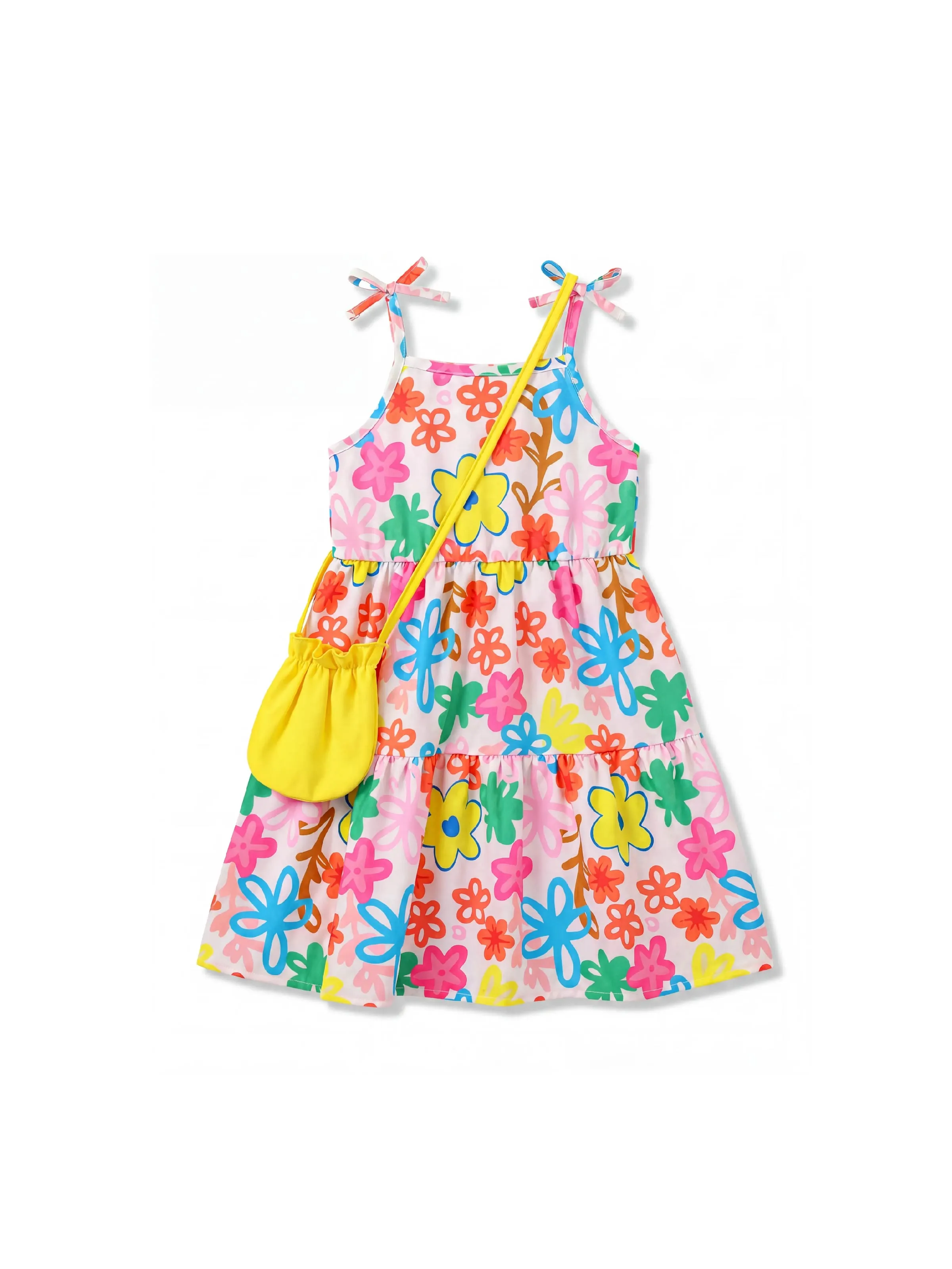 Fresh Market Toddler Girl Graffiti Floral Tiered Dress with Bag Blue+Yellow - Image 2