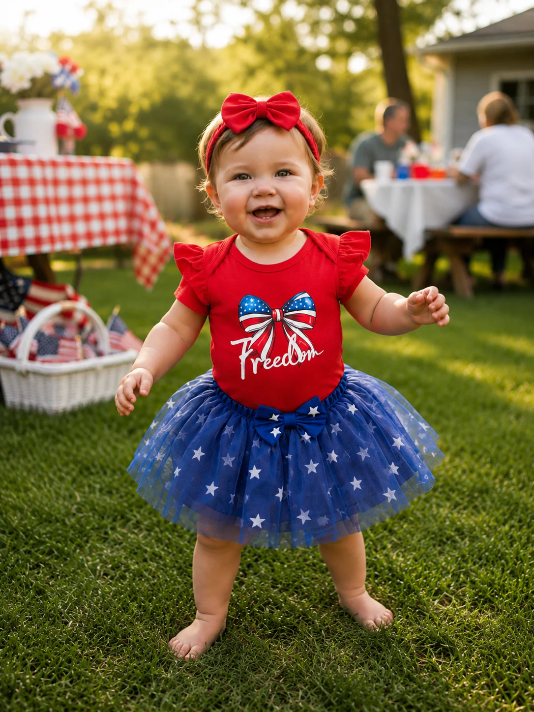 Independence Day Baby Girl 2pcs Patriotic Flutter Sleeve Bodysuit and Tulle Skirt Set with Headband Red - Image 3
