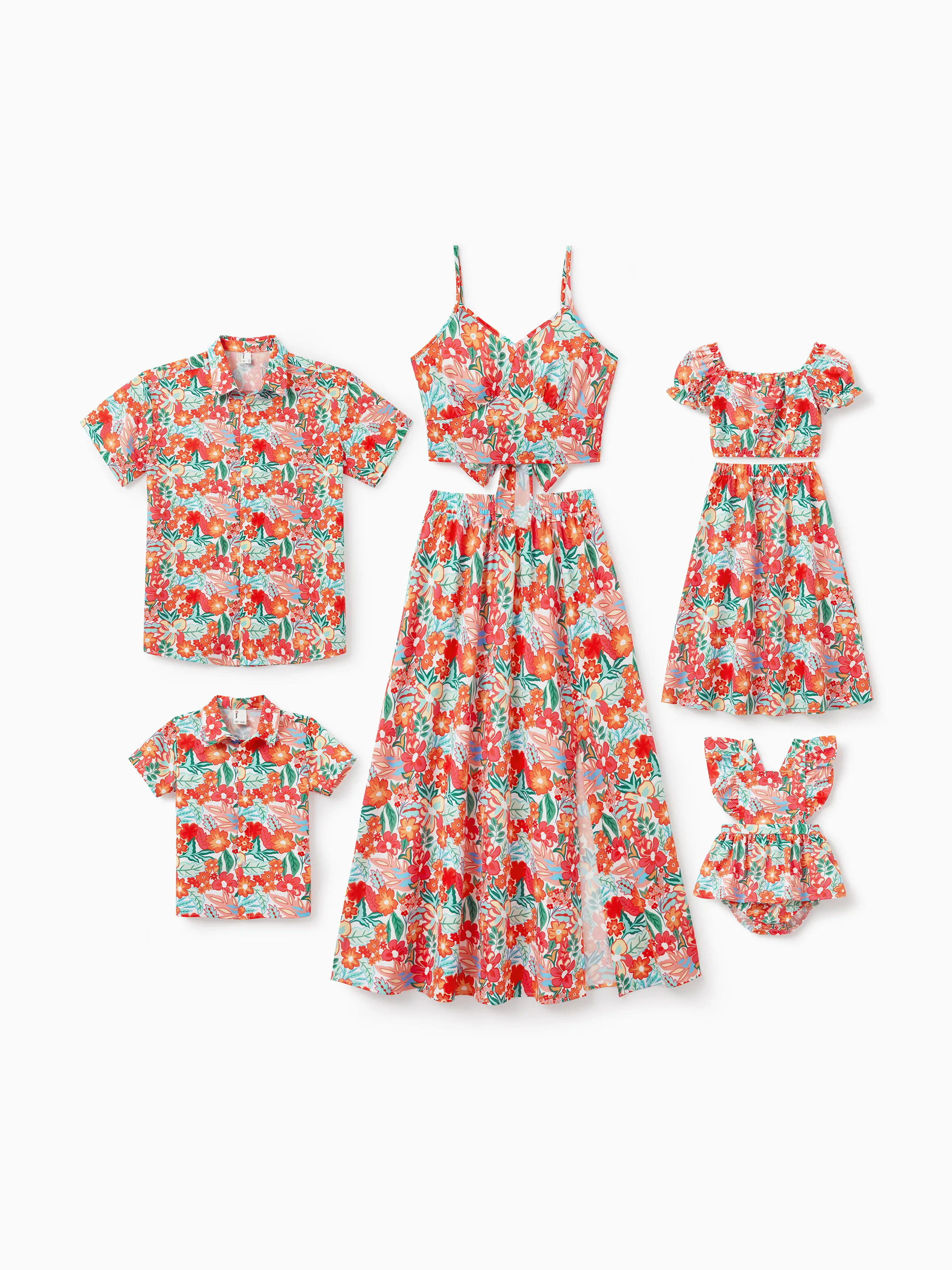 Matching Family Outfits Hawaiian Floral Print Shirts & Sleeveless Strap Top and Skirt Co-ord Set Multi-color