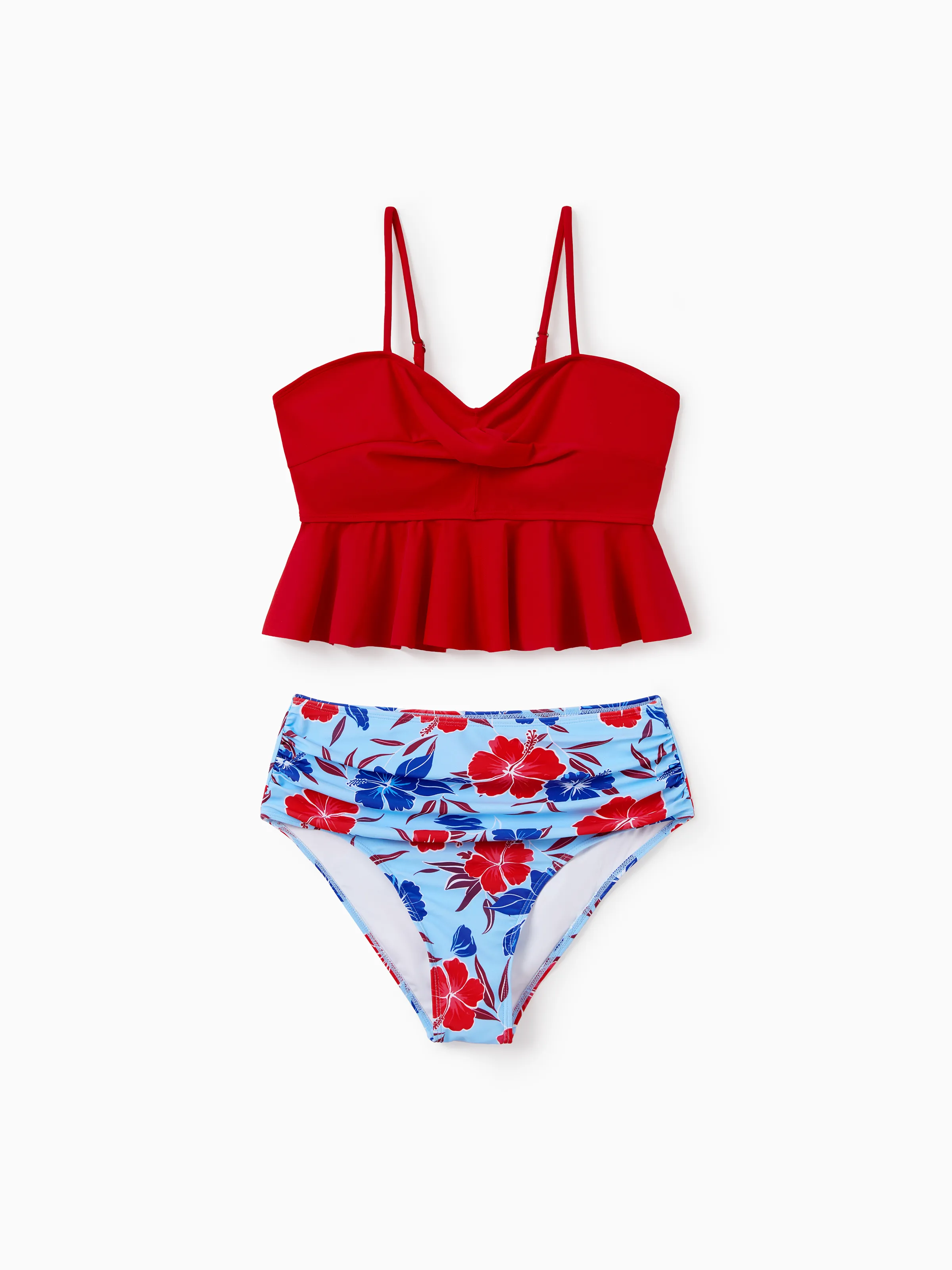 Matching Family Swimwear Floral Print Bikini & Swim Trunks Set for Mom, Dad, & Kids, Perfect for Summer Beach Days & Pool Parties Red - Image 3