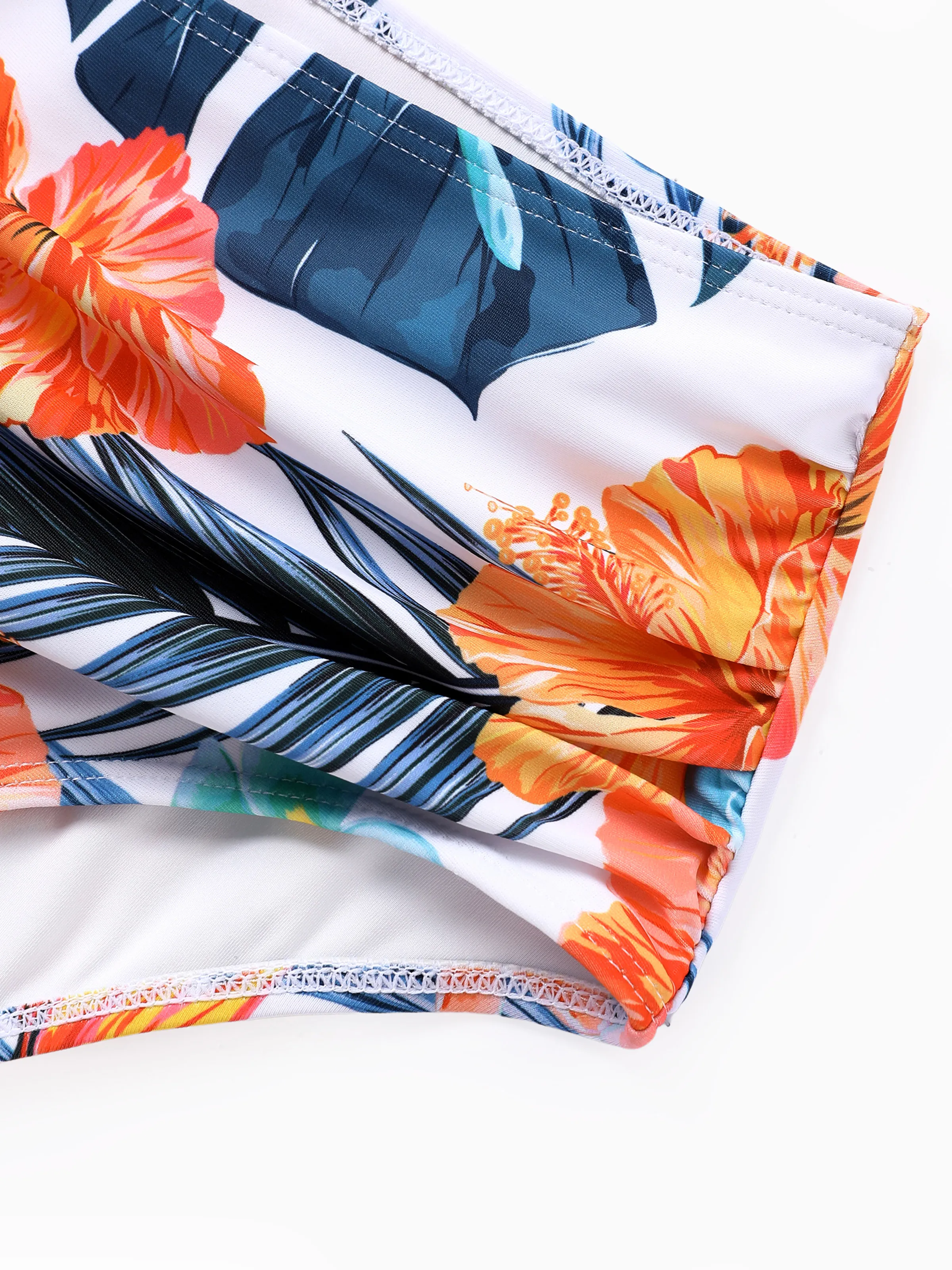 Matching Family Swimwear Tropical Floral Bikini Set with Ruffle Top for Mom & Daughter, Board Shorts for Dad & Son, Bright Summer Beach Outfits Orange - Image 7