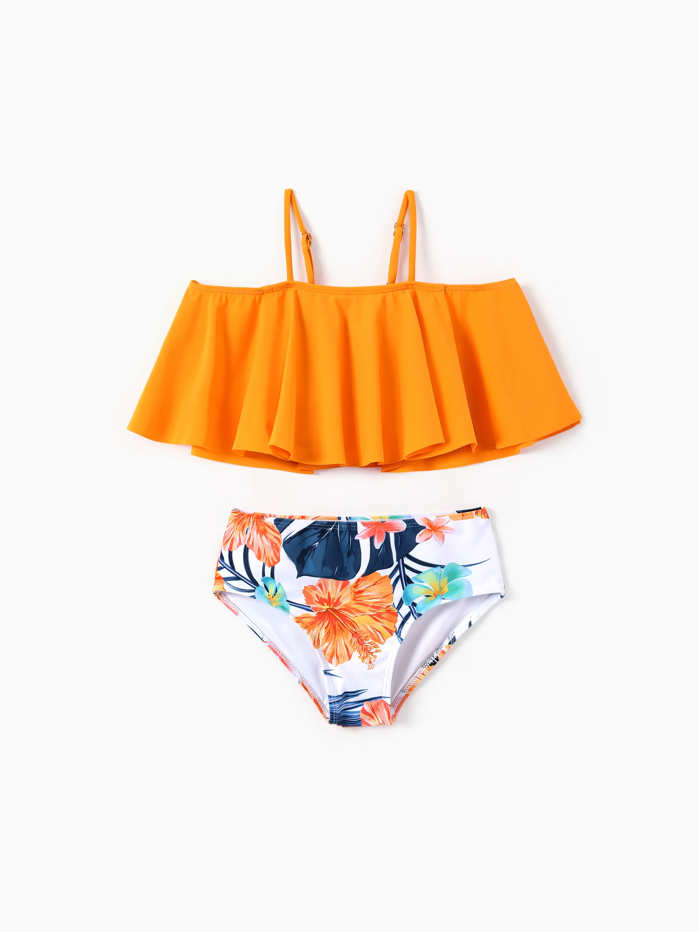 Matching Family Swimwear Tropical Floral Bikini Set with Ruffle Top for Mom & Daughter, Board Shorts for Dad & Son, Bright Summer Beach Outfits Orange - Image 8