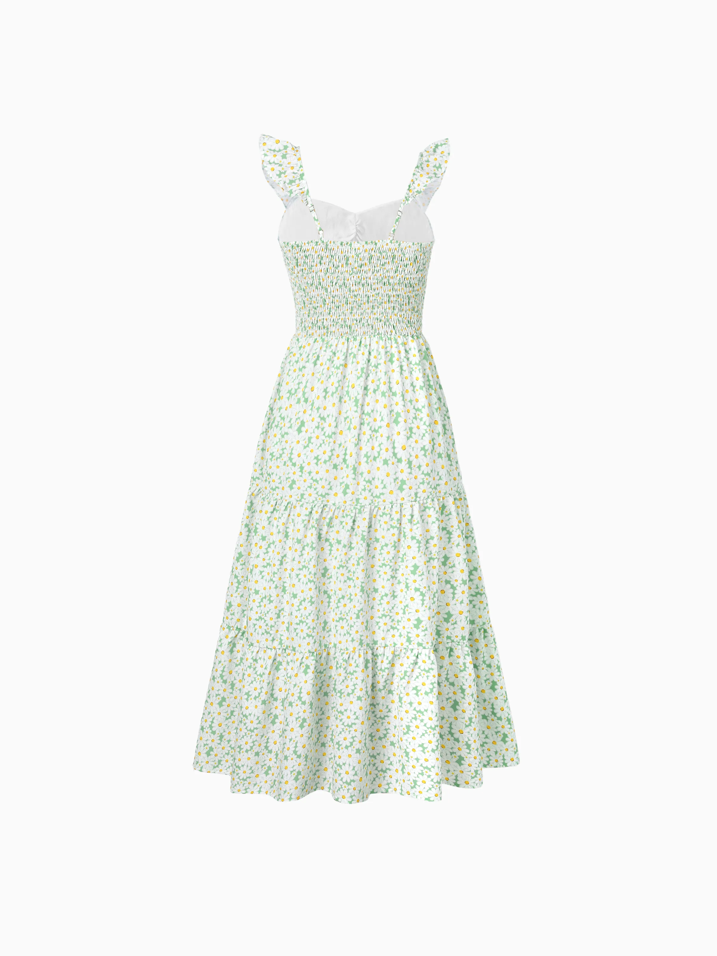 Mommy and Me Floral Dress with Flutter Sleeves Light Green Daisy Print Pale Green - Image 3