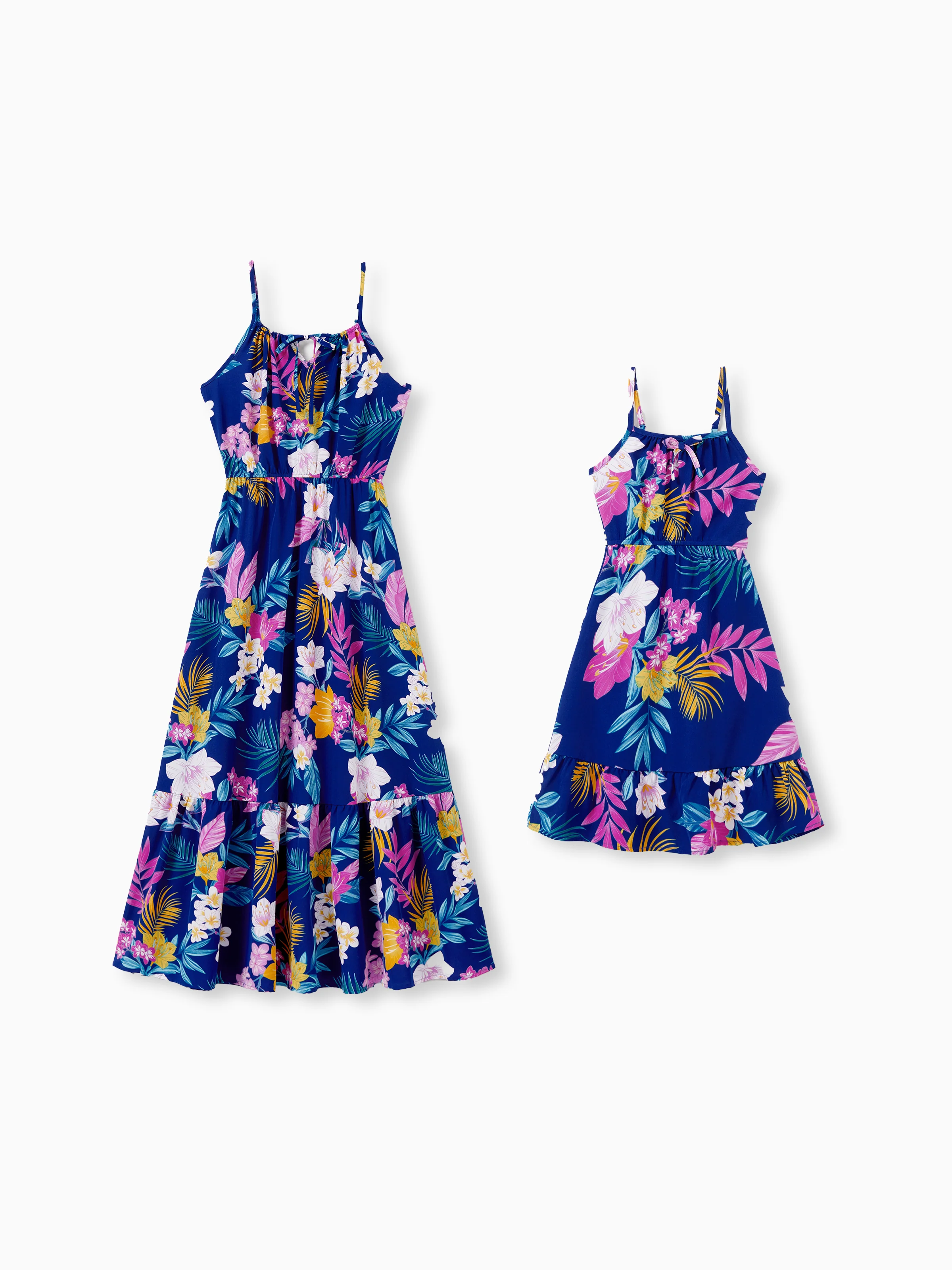 Mommy and Me Matching Family Hawaiian Outfits Tropical Floral Print Strap Dress or Short-sleeve Shirts & Shorts Set Summer Beachwear Set for Vacation Deep Blue