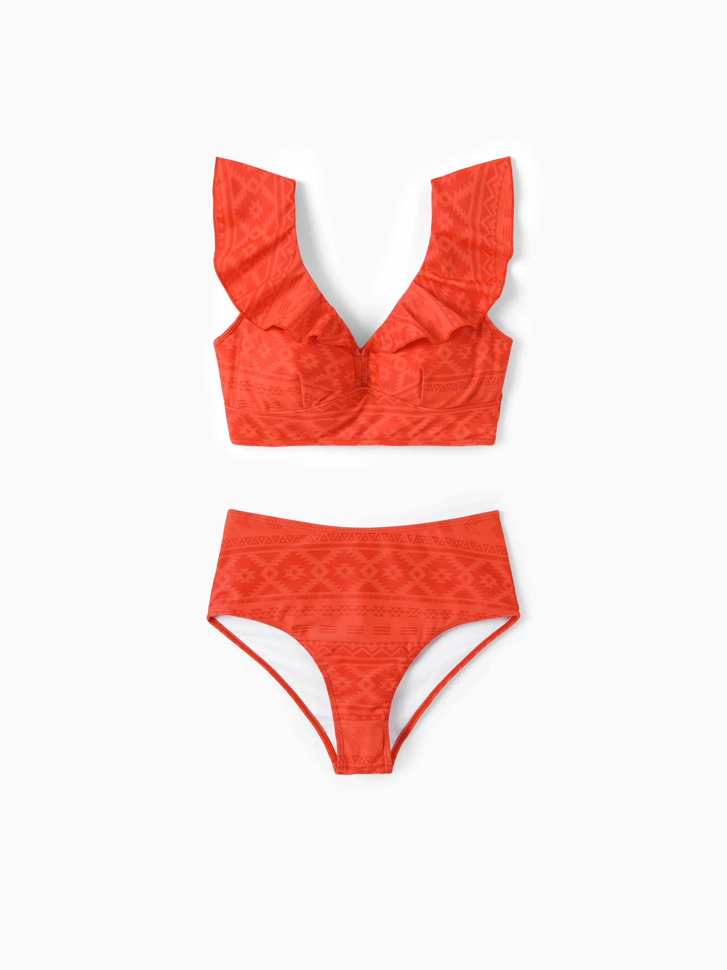 Mommy & Me Tropical Floral Print Ruffle Trim Bikini with Optional Beach Cover-Up Dress Orange - Image 3