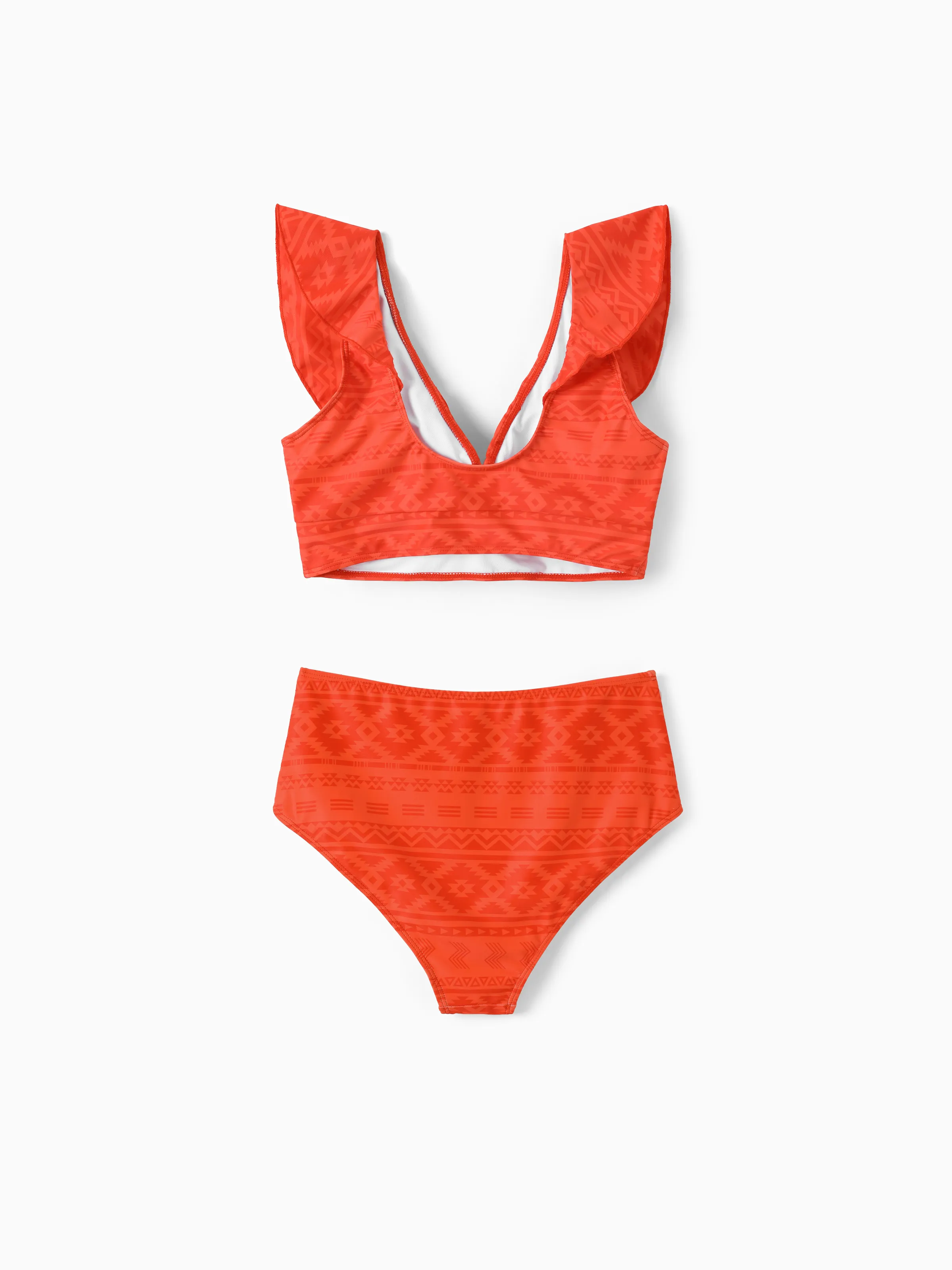 Mommy & Me Tropical Floral Print Ruffle Trim Bikini with Optional Beach Cover-Up Dress Orange - Image 4