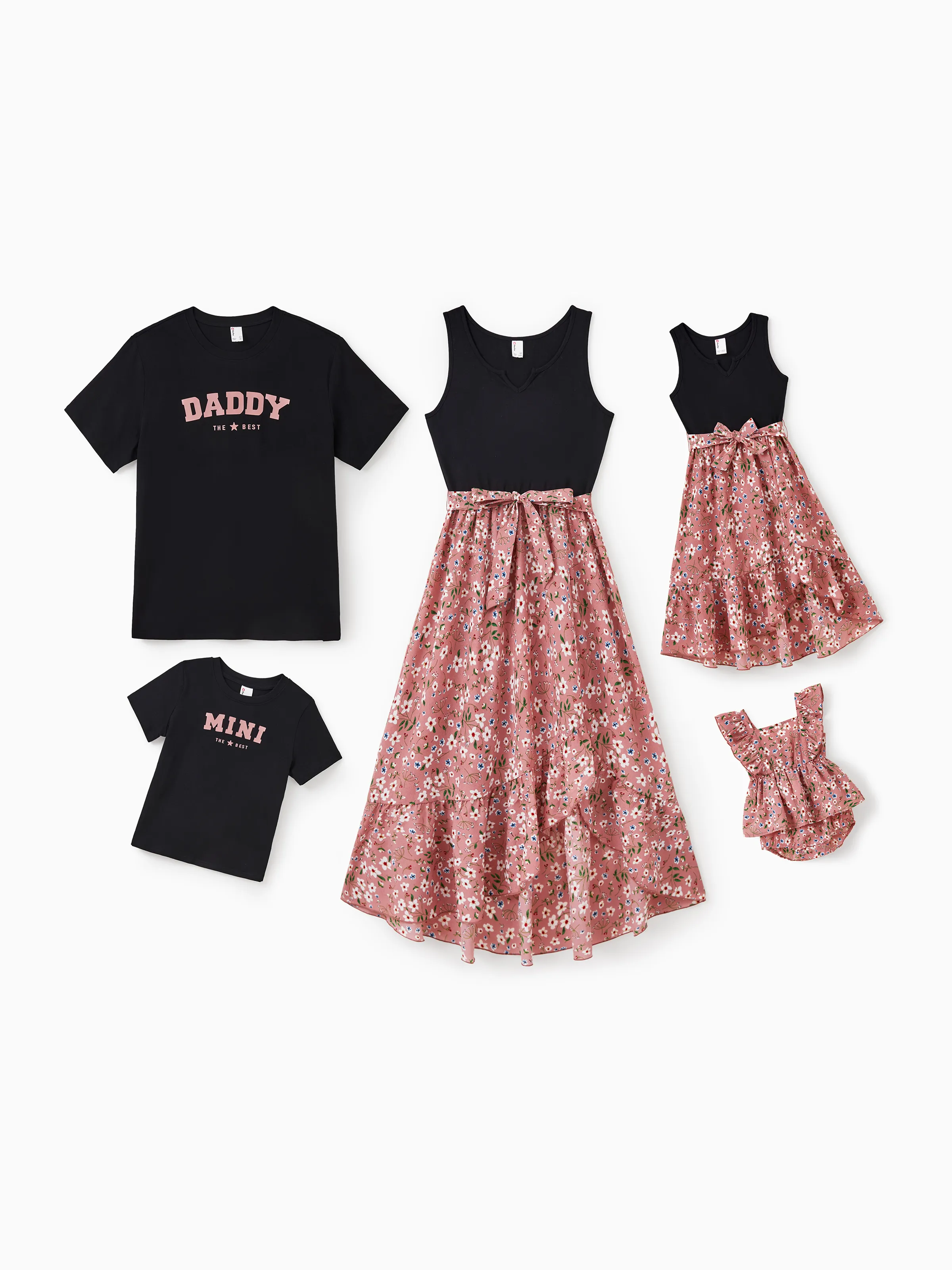 Mommy & me Cotton T-Shirt & Dress Set Daddy / Mini Print Black Tee for Dad and boy, Floral Print splicing Dress for Mom, girl and Baby, Perfect for Summer Family Outings Black - Image 2