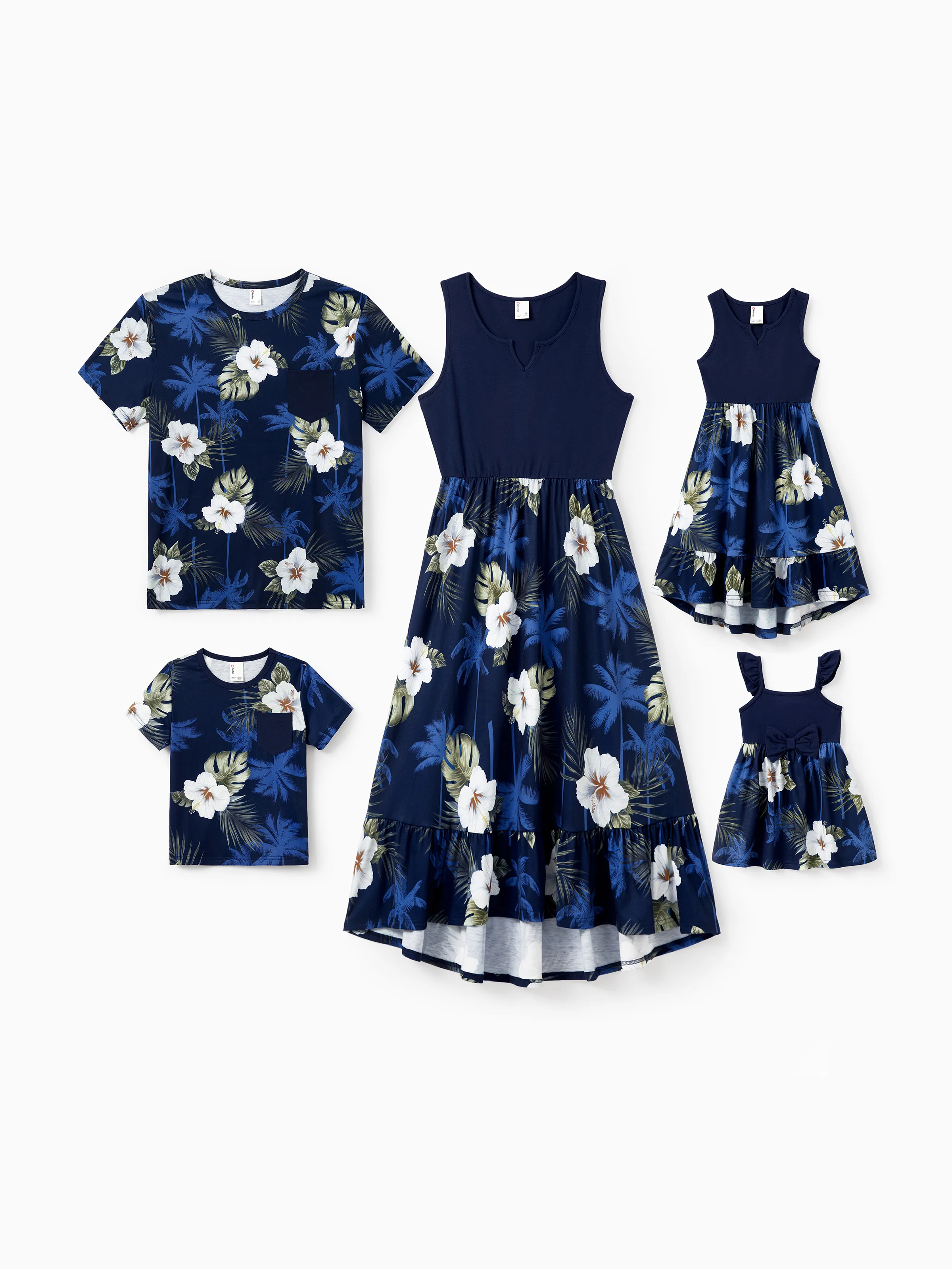 Mommy & me Floral Print Splicing Sleeveless Tank Dress Deep Blue - Image 2