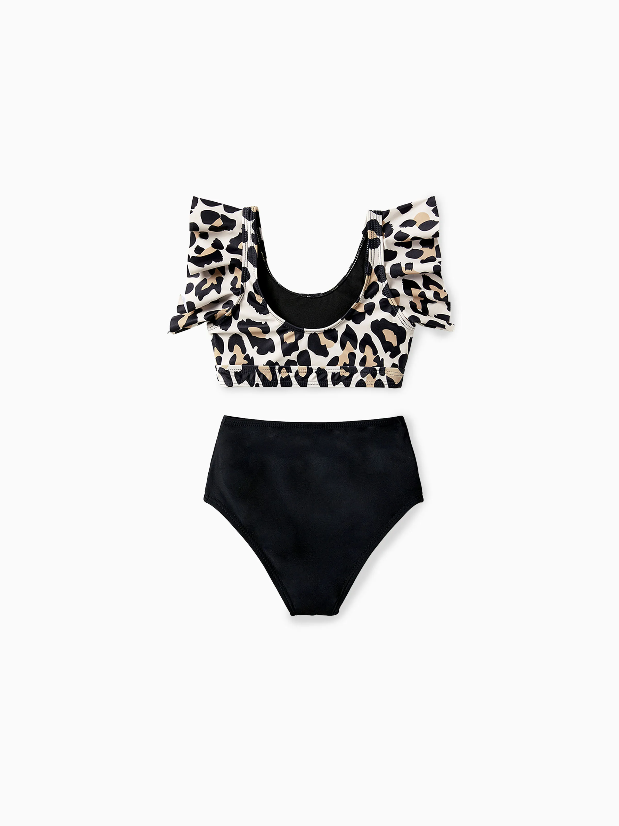 Mommy & me Leopard Pattern Drawstring Ruffle Neck Two-Piece Bikini with Optional Cover Up Sarong Skirt Black - Image 9