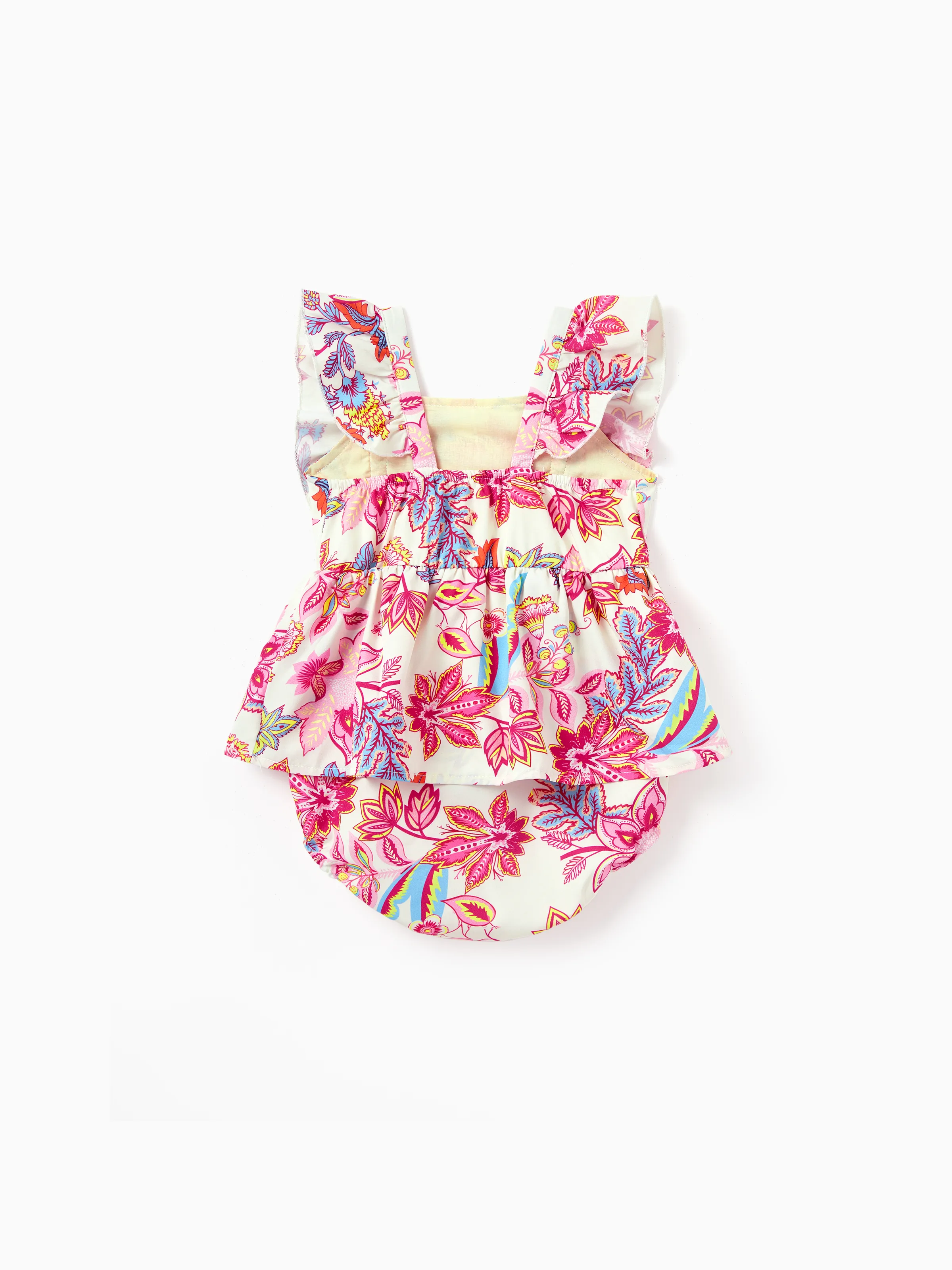 Mommy & me Outfits Set Tropical Flora Print Short-sleeve Collar Shirt or Halter Belted Dress for Summer Vacation Beige - Image 14