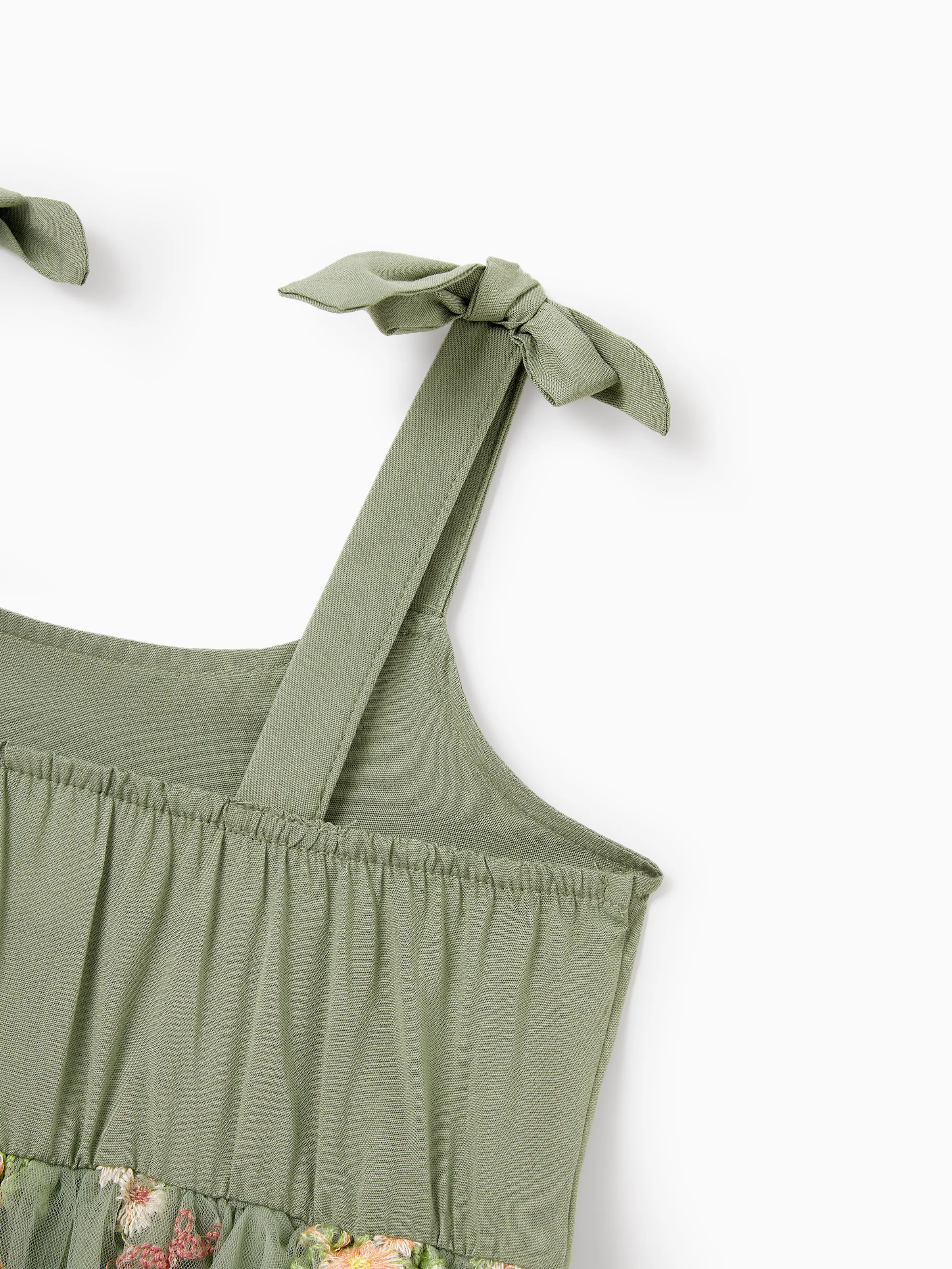 Mommy & me Polo Collar Short-sleeve Shirt or V-neck Strappy Mesh Dress Green - Image 17
