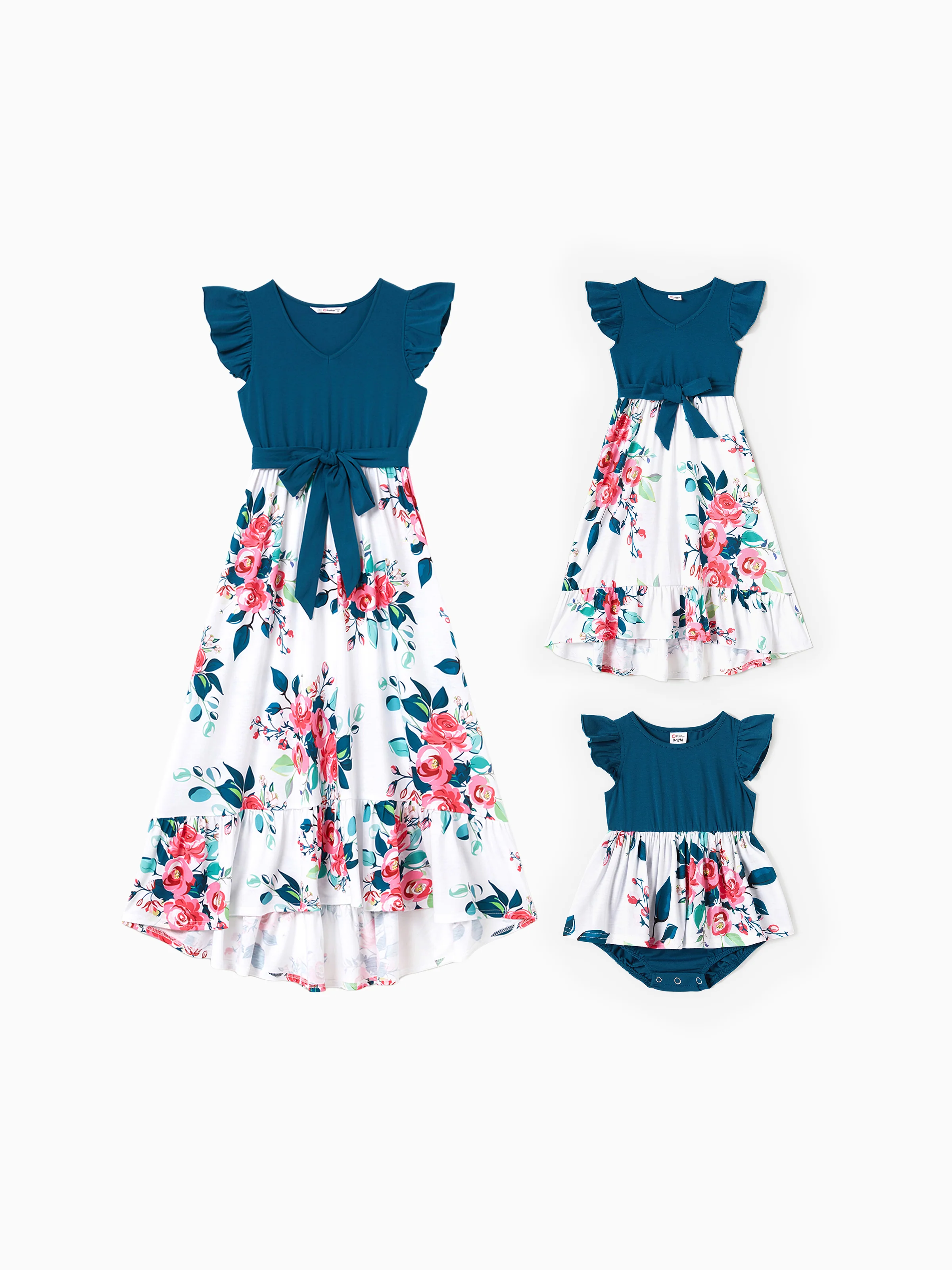 Mommy & me Solid V Neck Flutter-sleeve Splicing Floral Print Dresses Sets Azure-