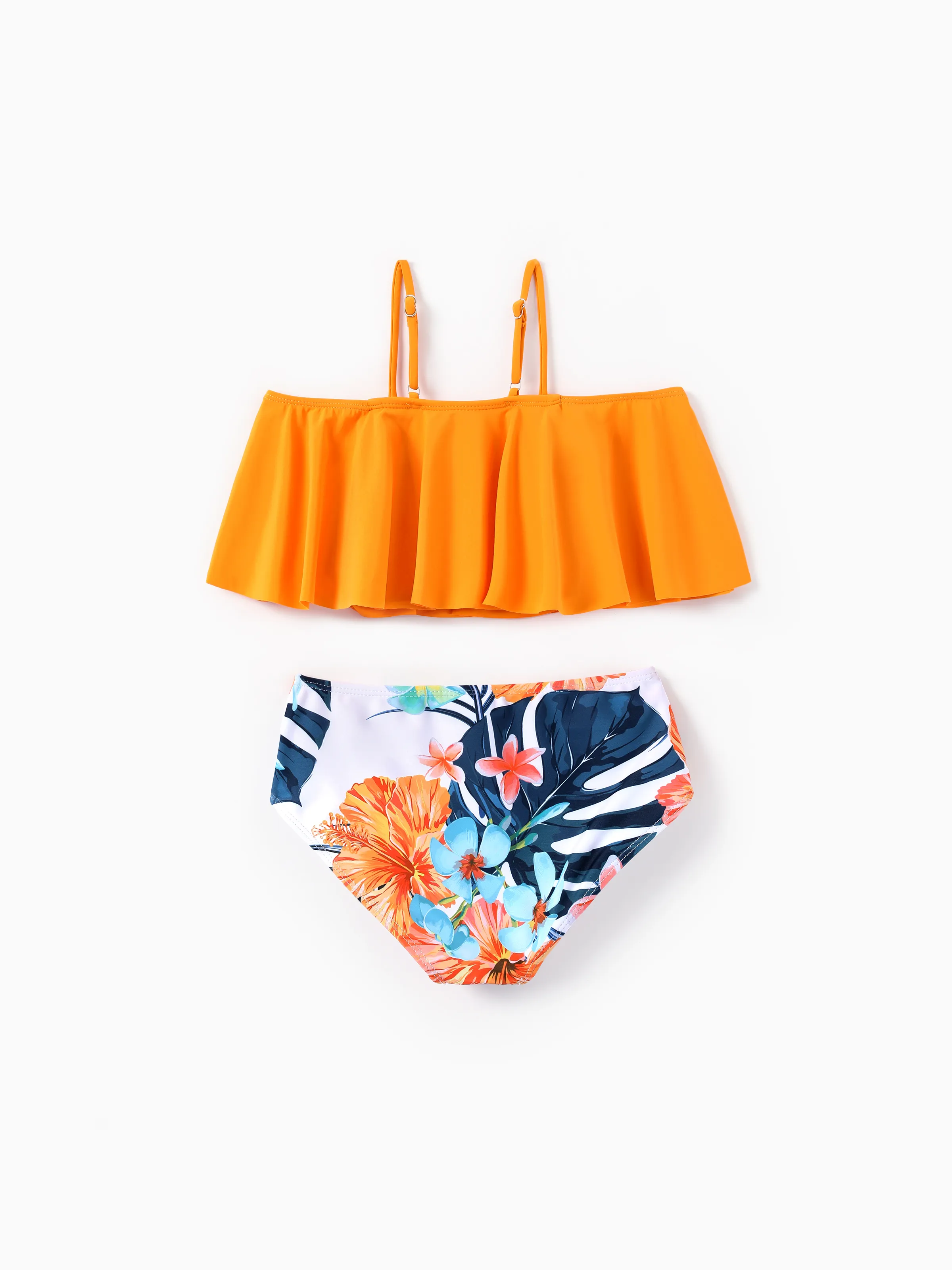 Mommy & me Swimwear Tropical Floral Bikini Set with Ruffle Top for Mom & Daughter, Board Shorts for Dad & Son, Bright Summer Beach Outfits Orange - Image 9