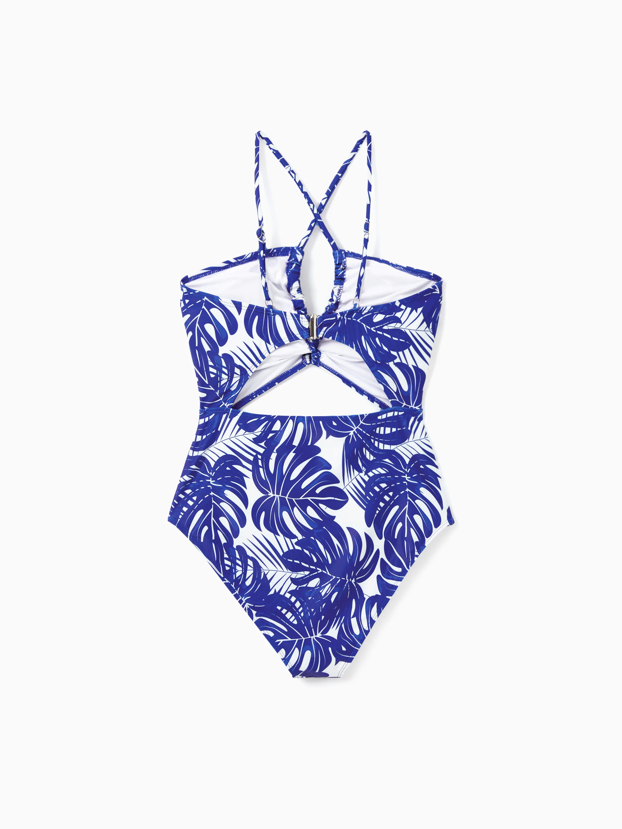 Mommy & me Tropical Leaf Print Hollow-out Crisscross Straps One-piece Swimsuit Blue - Image 4