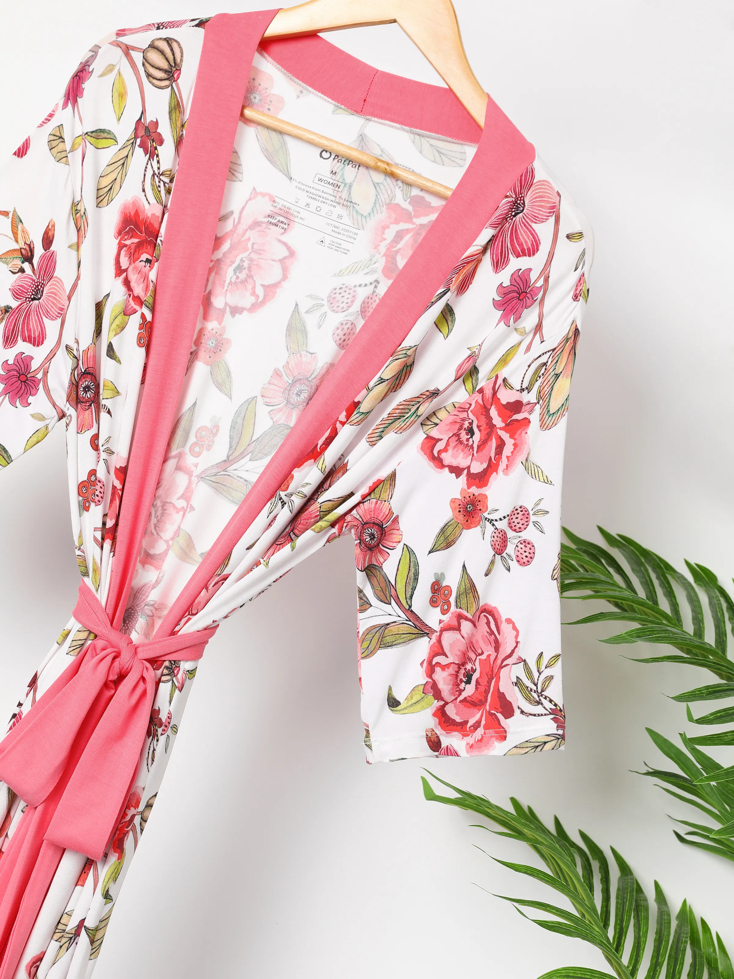 Newborn Bamboo Set for Mommy and Me Floral Bamboo Robe for Mom, Soft Swaddle Blanket with Hat, Gentle & Breathable for Newborn Essentials Peach  Pink - Image 5