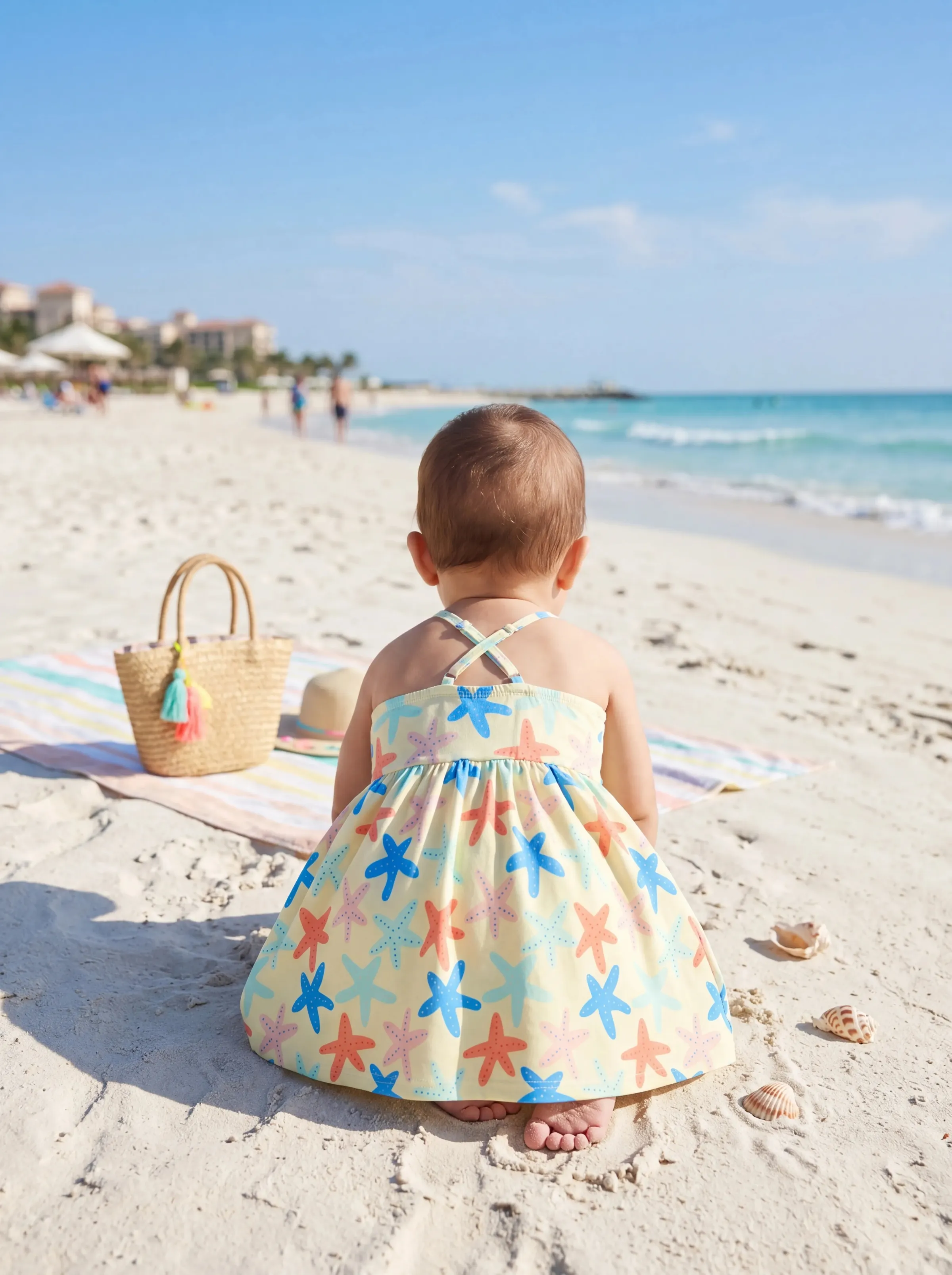 Ocean Vibes Baby Girl Starfish Print Crisscross Back Dress Yellow - Image 10