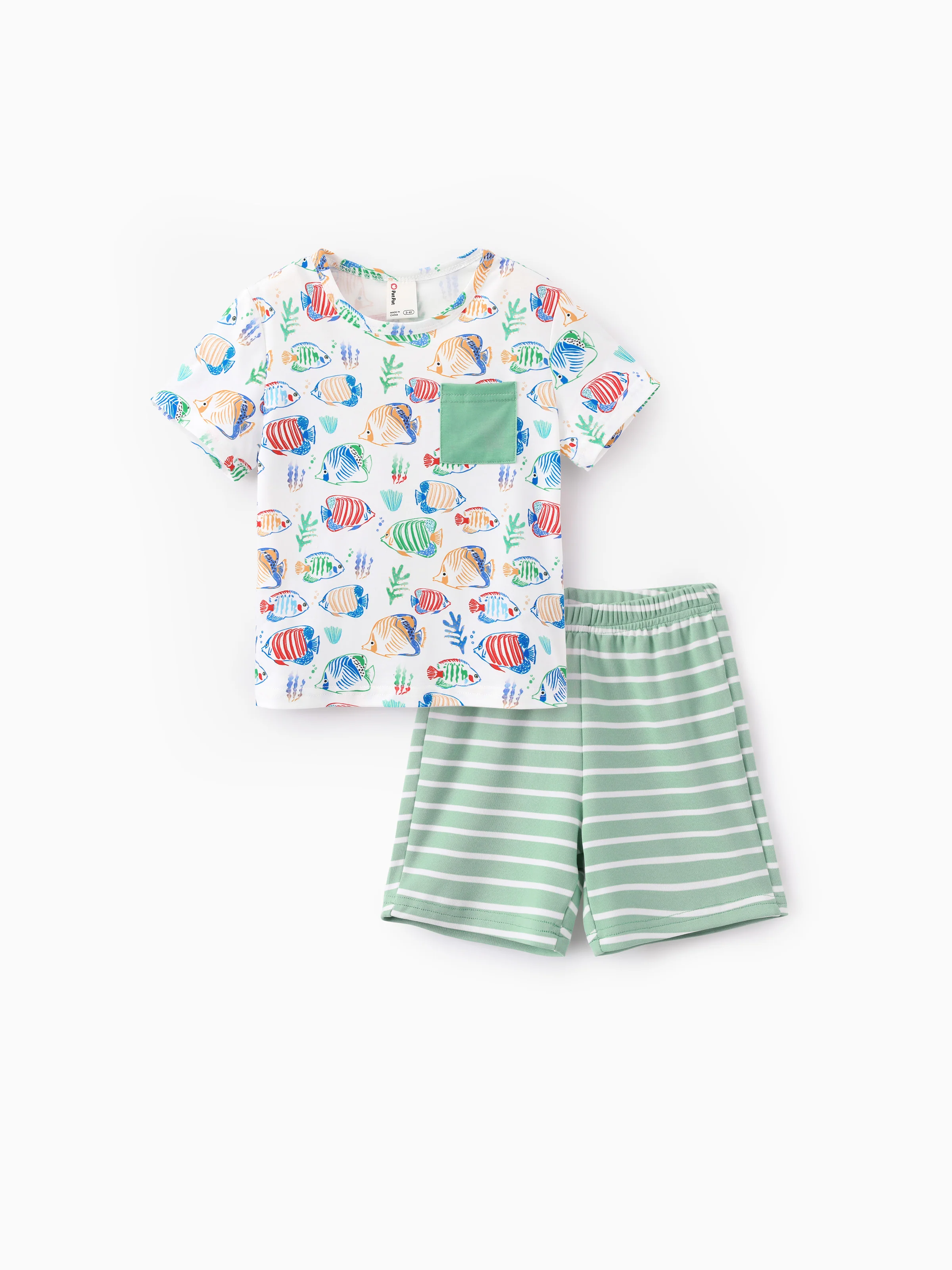Ocean Vibes Toddler Boy Tropical Fish Top & Shorts Set Light Green - Image 2