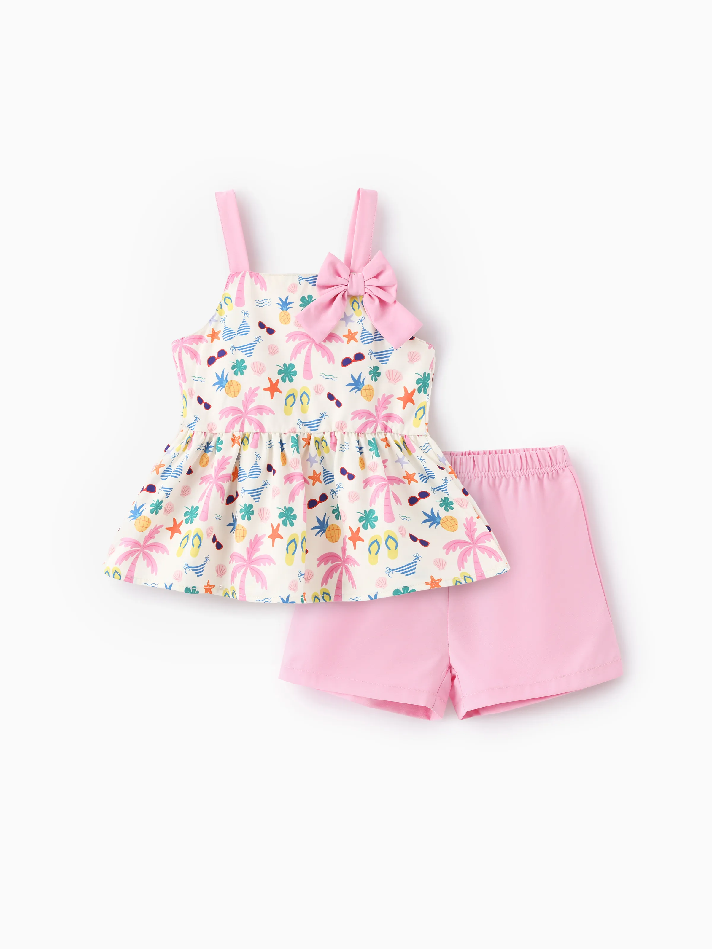 Ocean Vibes Toddler Girl Bow Ruffle Top & Shorts Set Pink - Image 2