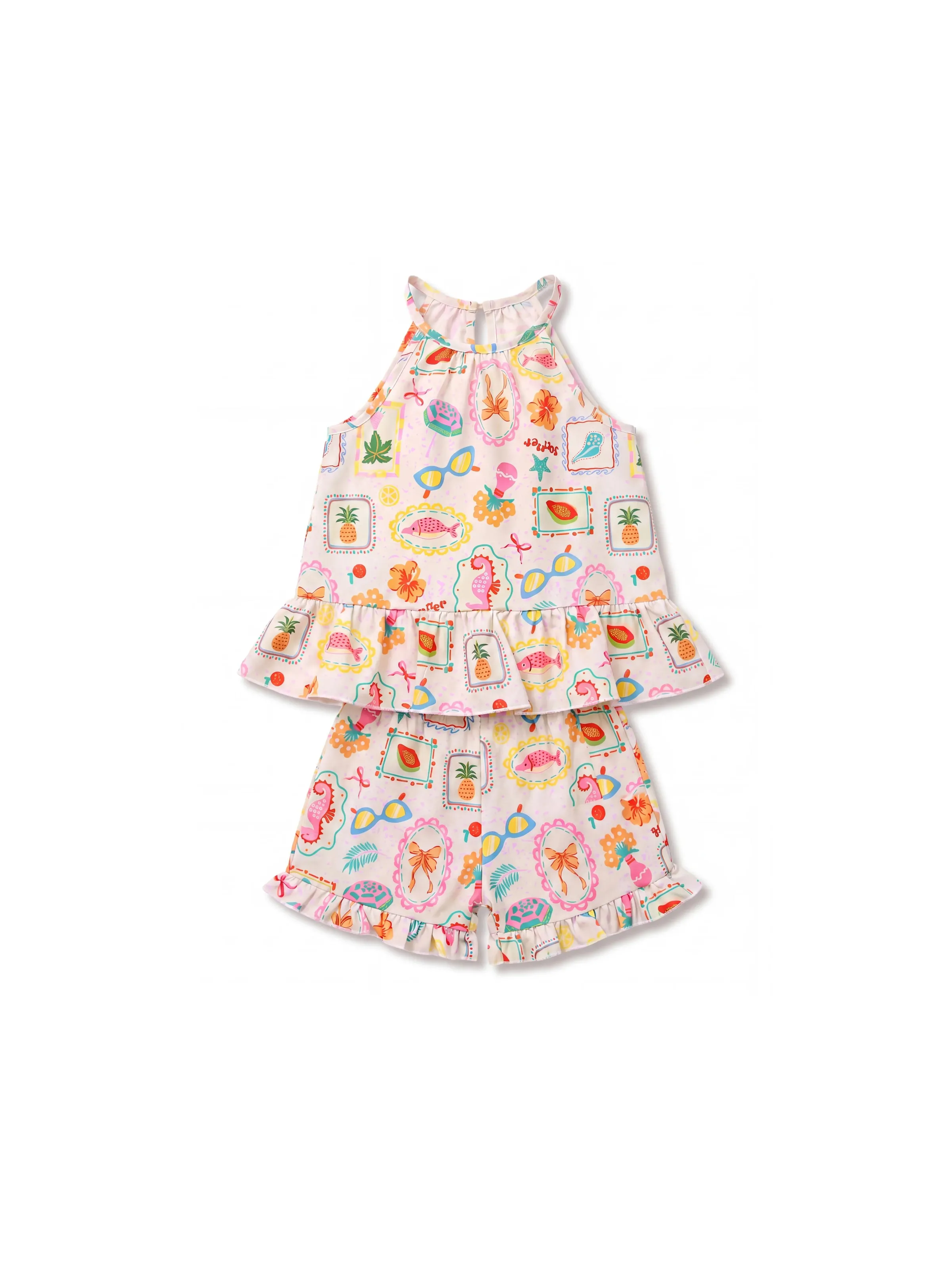 Ocean Vibes Toddler Girl Tropical Ruffle Top & Shorts Set Light Pink - Image 2