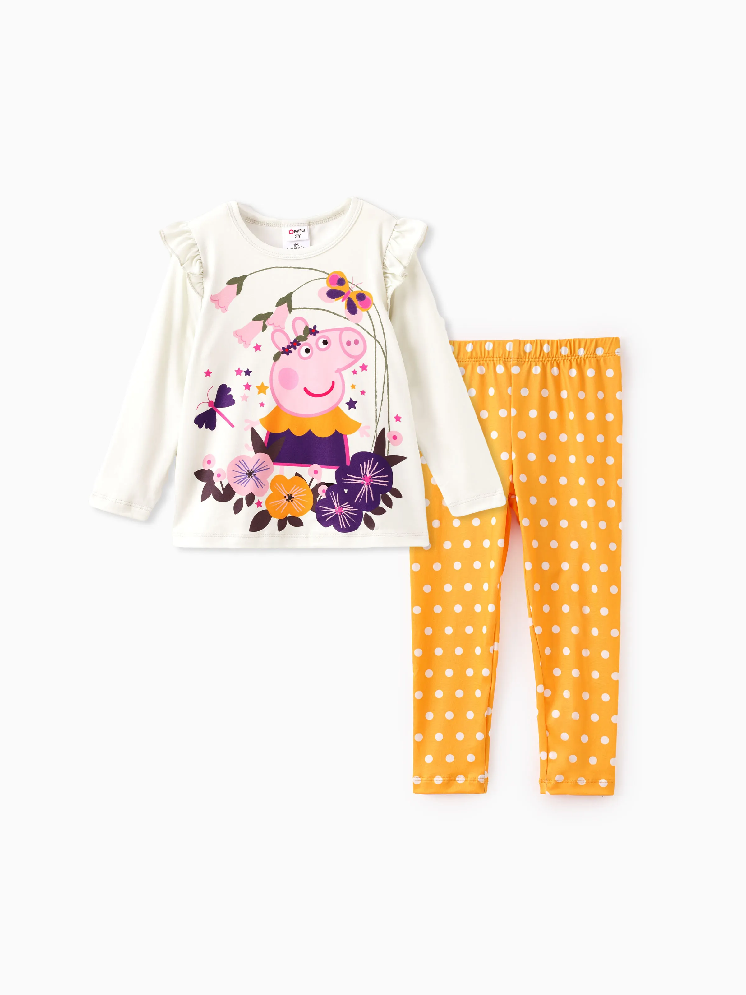 Peppa Pig Toddler Girl 2pcs Floral Polka Flutter Long-sleeve T-shirt with Leggings Set Cream