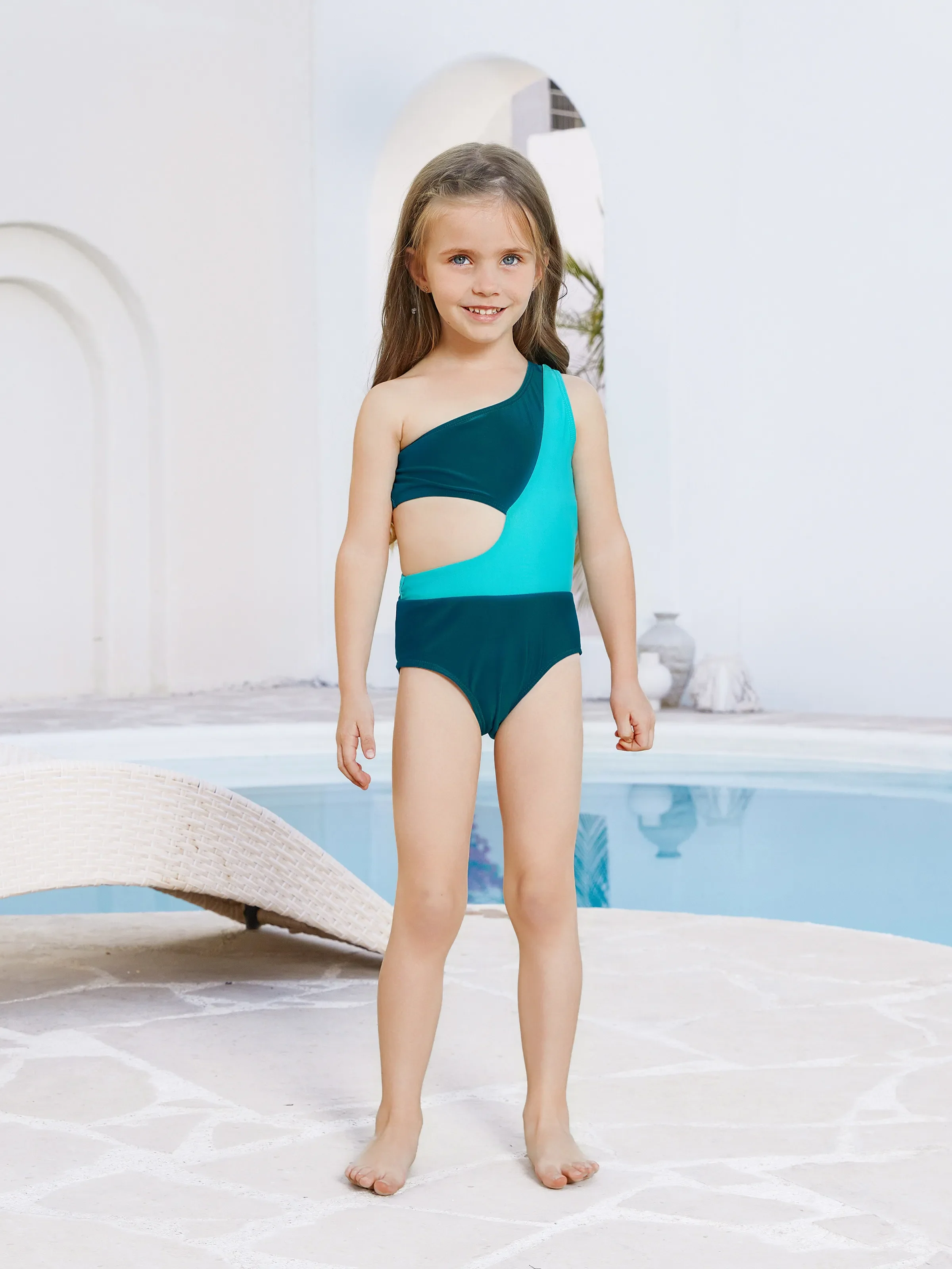 Toddler Girl Colorblock One Shoulder Cut Out One-piece Swimsuit Deep Turquoise