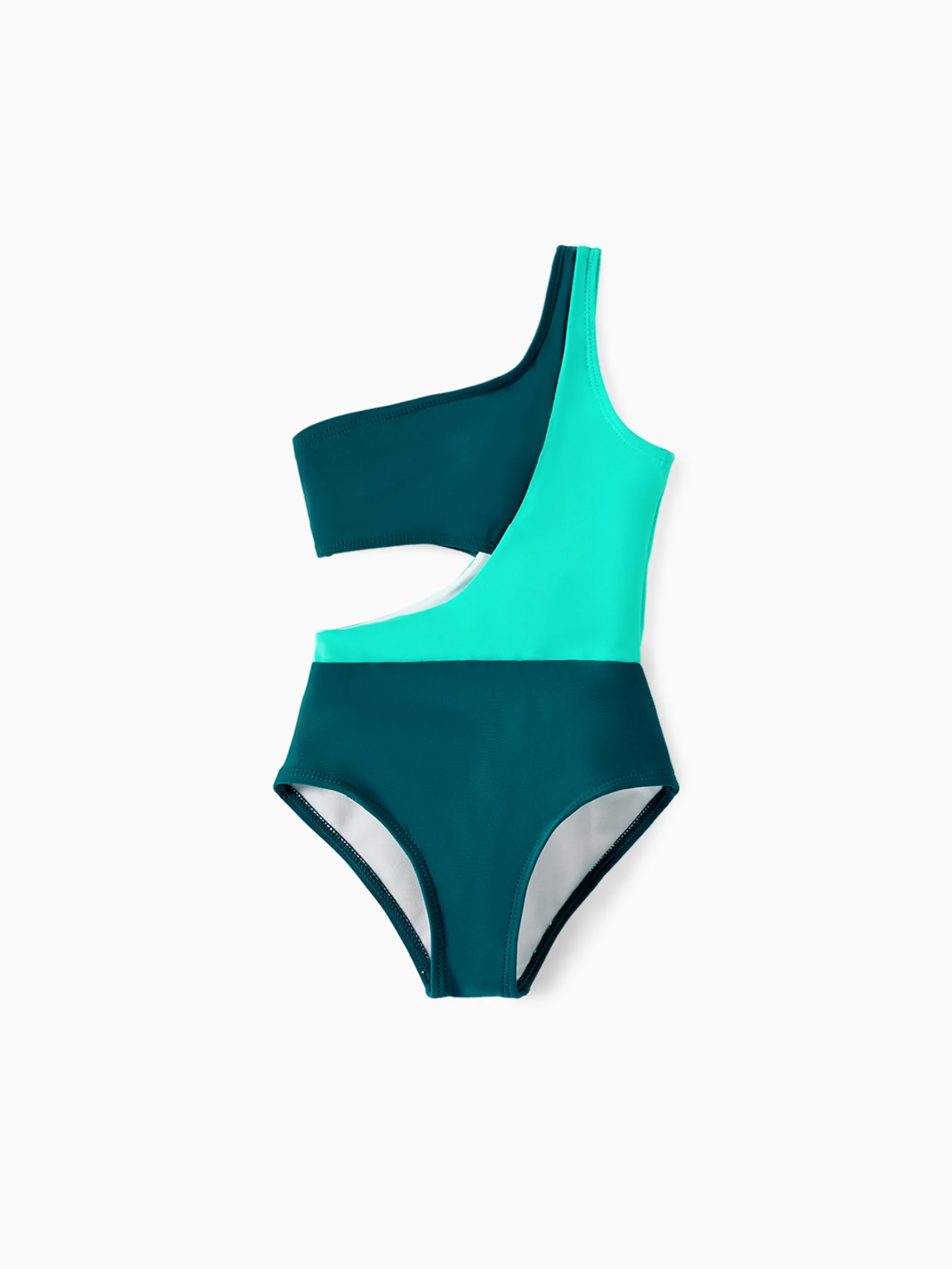 Toddler Girl Colorblock One Shoulder Cut Out One-piece Swimsuit Deep Turquoise - Image 3