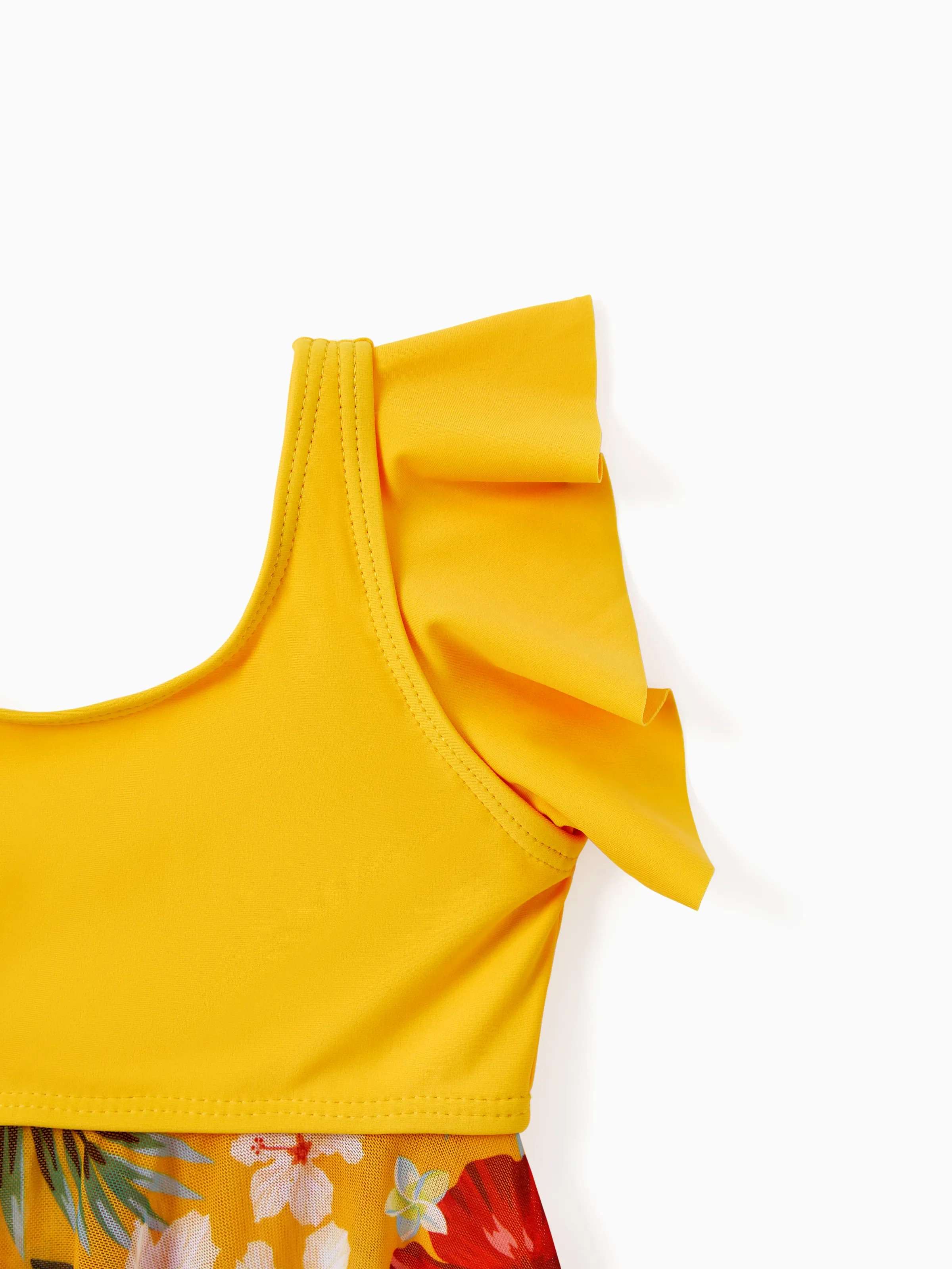 Toddler Girl Floral Drawstring Flowy Spliced Mesh Swim Dress with Triangle Swim Bottom Yellow - Image 4