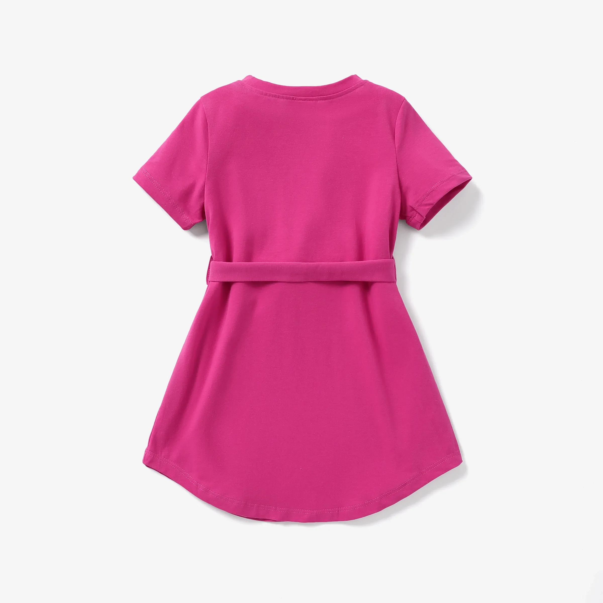 Toddler Girl Solid Curved Hem Short-sleeve Belted Dress Hot Pink - Image 2
