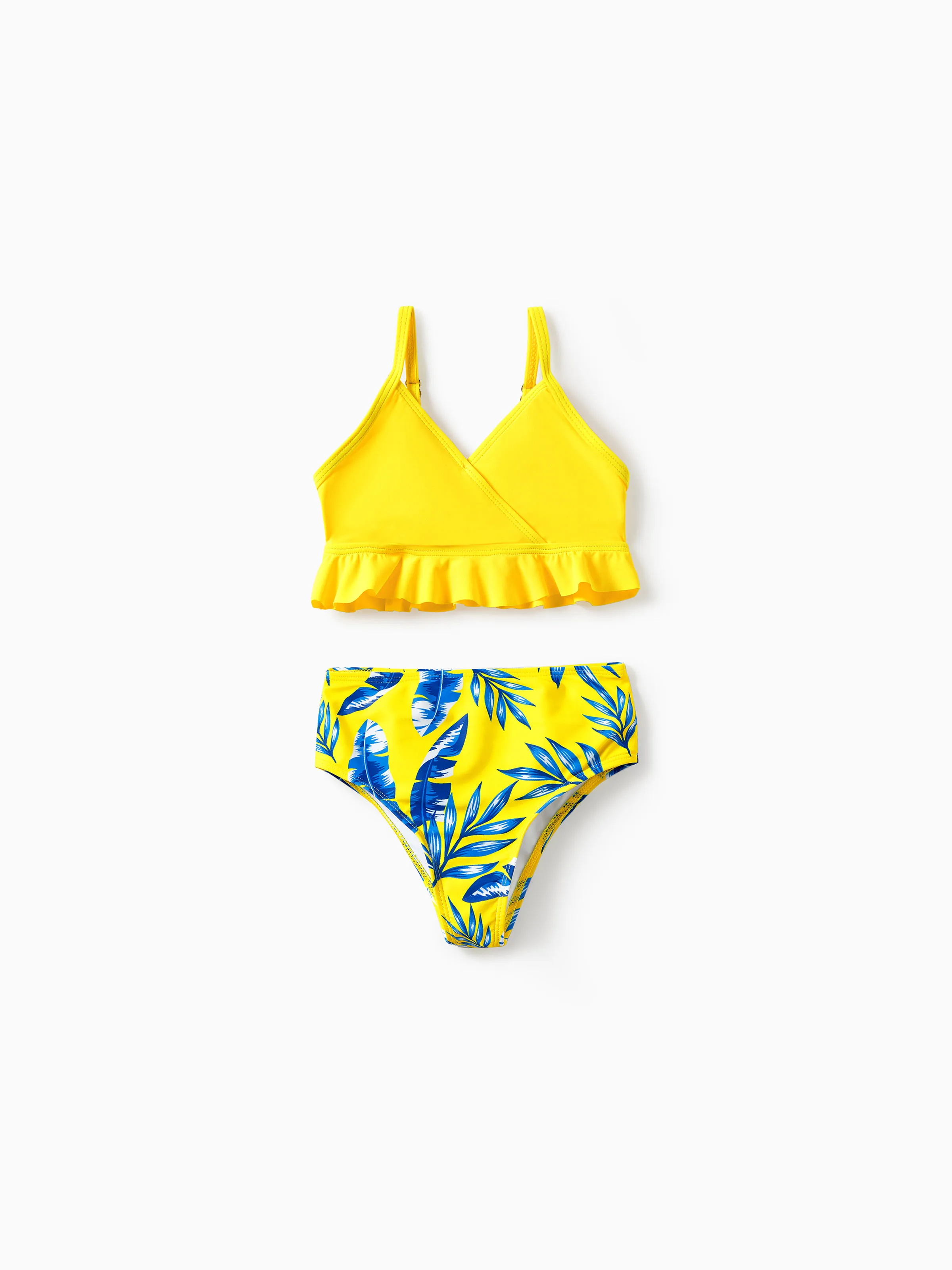 Toddler Girl Yellow Leaf Print Ruched Flutter Sleeve Bikini Yellow - Image 3