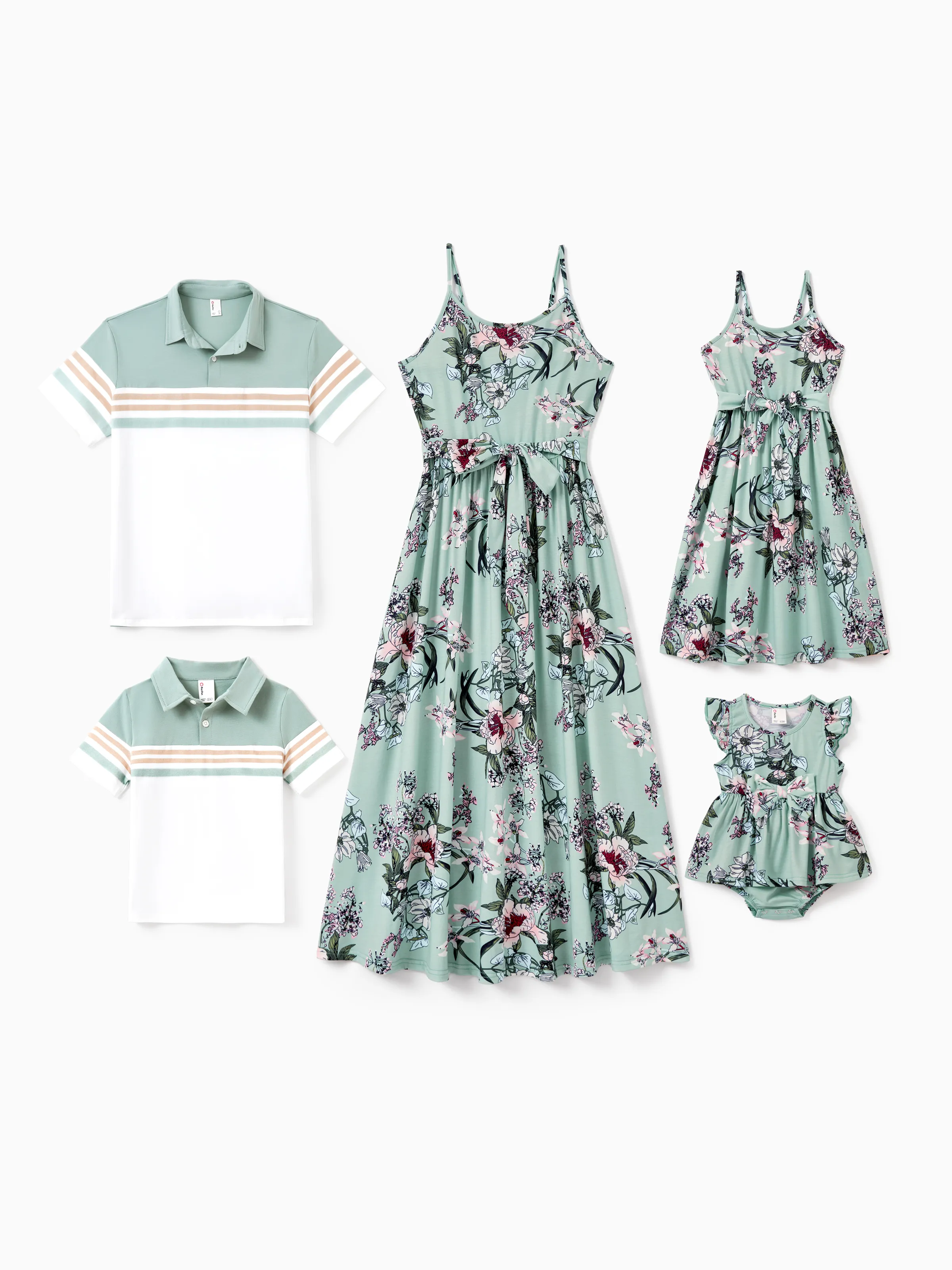 Toddler/Kid Girl Sets Flora Print Strap Belted Dress Light Green - Image 2